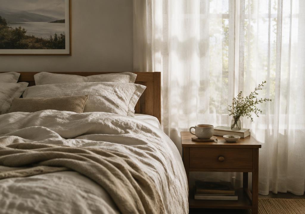 Serene bedroom with soft morning light and cream linen bedding