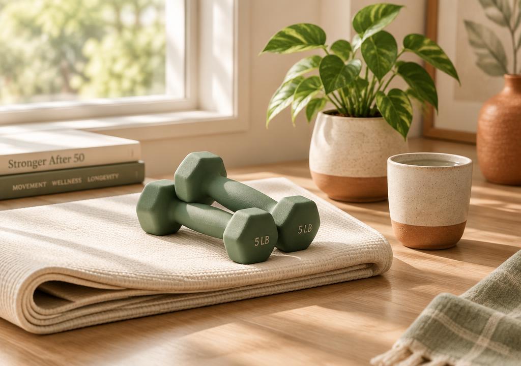 Woman in her 50s doing light dumbbell training at home in natural light
